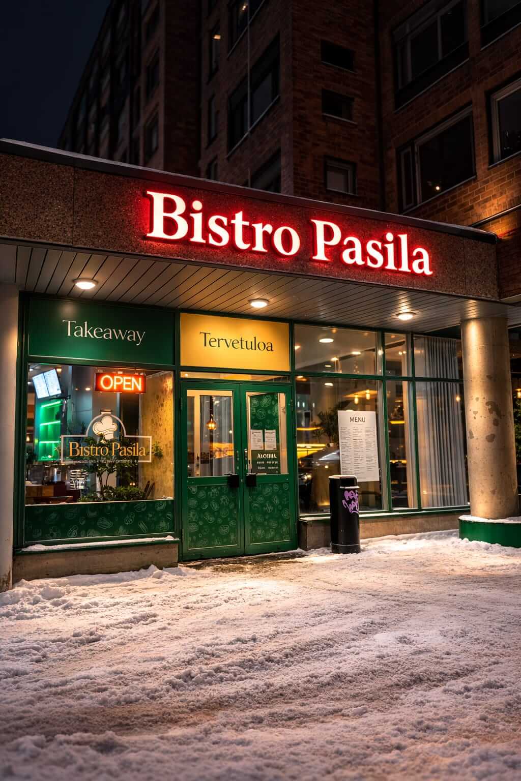 Pasilan Bistron ulkokuva ja ravintolan kyltti